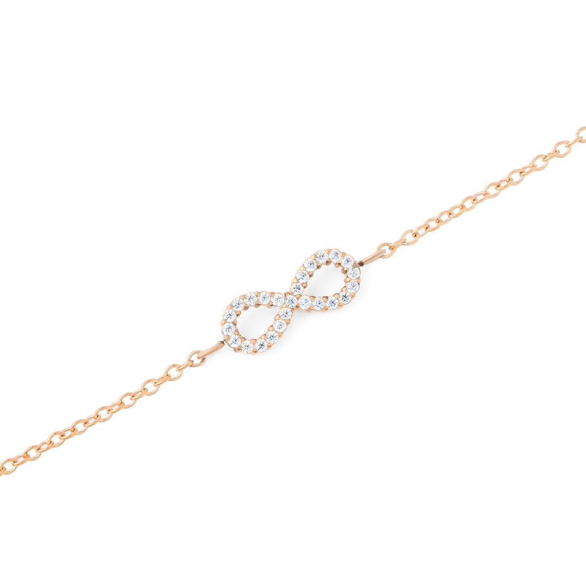 Close-up of the Mirelle Infinity Bracelet Rose Gold, showcasing a fine rose gold chain and a sparkling infinity symbol set with white cubic zirconia crystals.