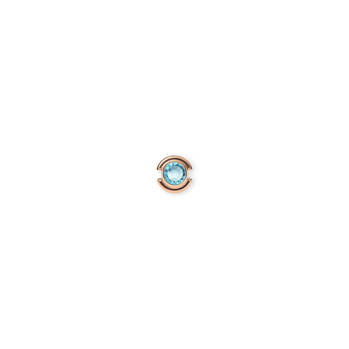 Rose gold charm featuring a round, cool blue crystal at its centre, set in polished PVD-plated stainless steel with a minimalist, elegant design.