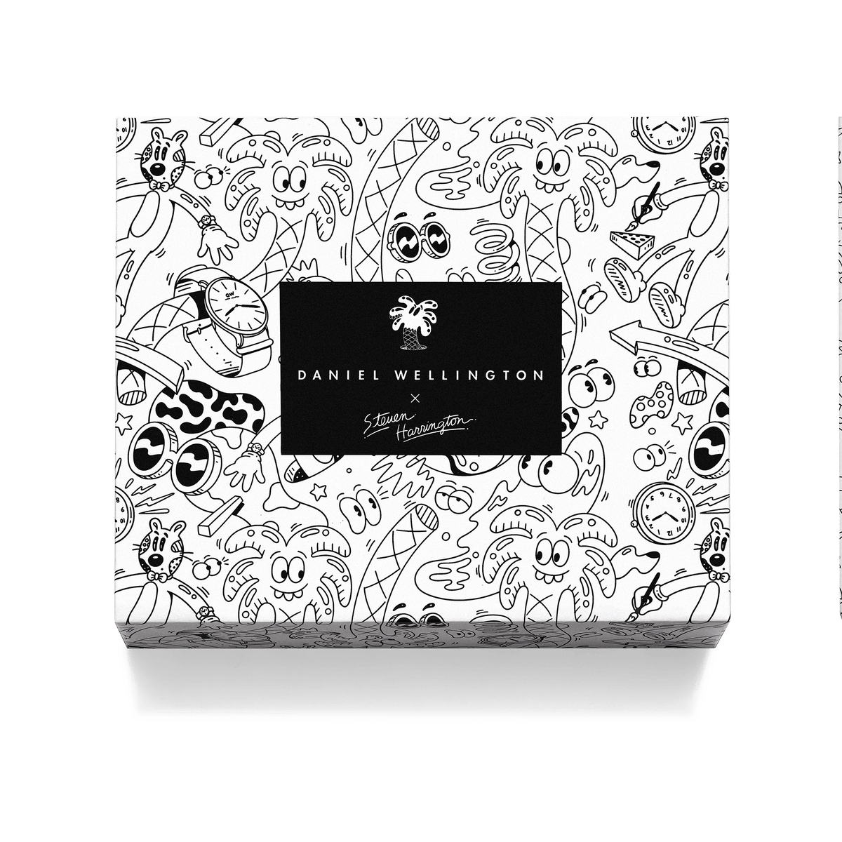 Limited edition Daniel Wellington x Steven Harrington gift box featuring bold, playful black and white illustrated artwork with quirky palm trees, watches, and sunglasses, finished with a central black label showcasing both brand names.