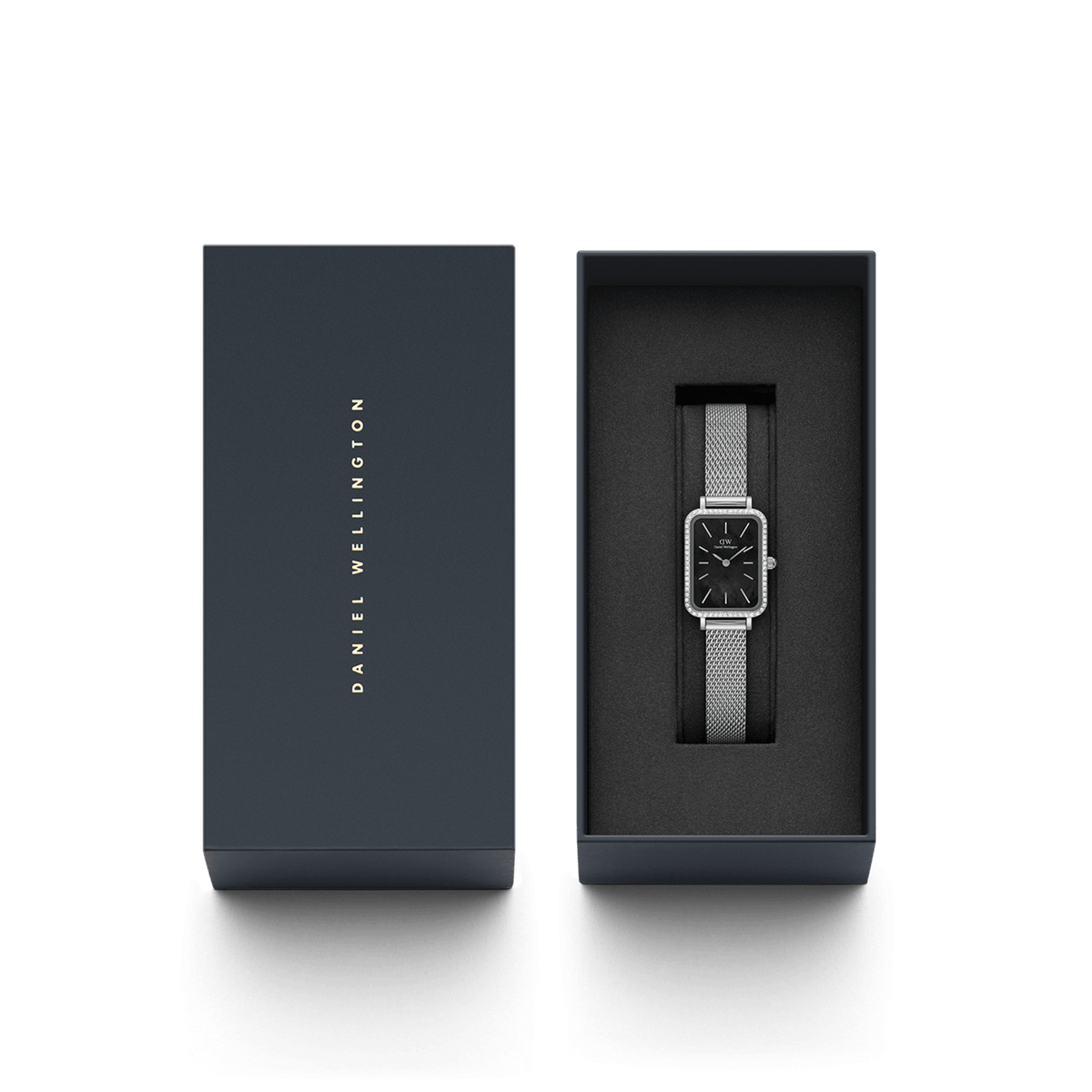 Daniel Wellington Quadro Lumine Bezel Sterling Black MOP watch with mesh strap presented in a sleek gift box.