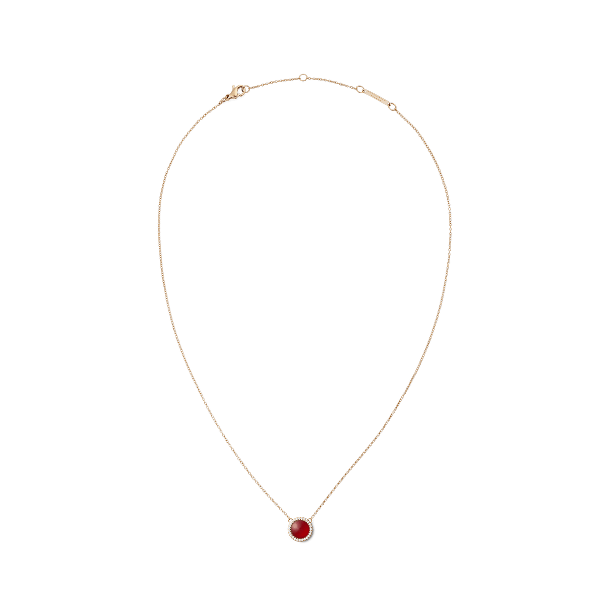 Rose gold necklace with a round red agate pendant, haloed by white crystals on a fine adjustable chain.