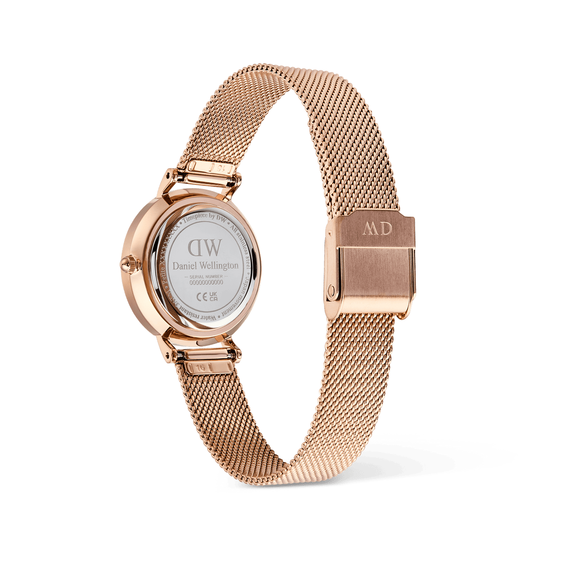 Rear view of the Petite Roman Numerals Date Rose Gold watch, highlighting the engraved case back, rose gold mesh strap, and secure fold-over clasp with an adjustable design for petite wrists.