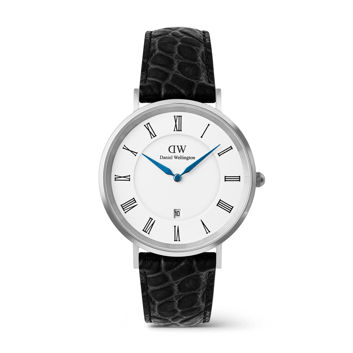 Classic Roman Numerals Date Black Croc Belly Silver