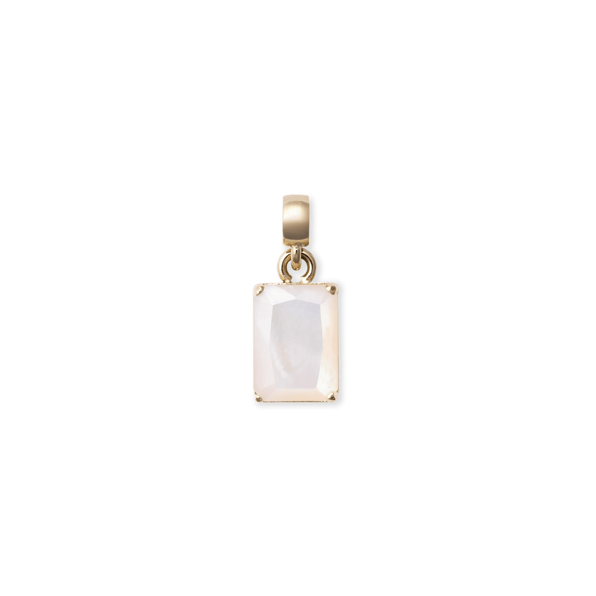 Rectangular octagon gold charm featuring a luminous mother of pearl stone set in polished gold-tone stainless steel, highlighting its elegant and minimal design.