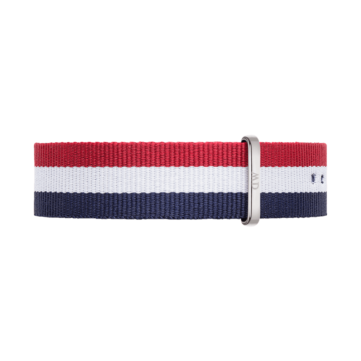 Cambridge Strap Silver NATO watch strap in red, white, and blue stripes with a polished silver buckle, crafted from durable polyester for a comfortable and adjustable fit.