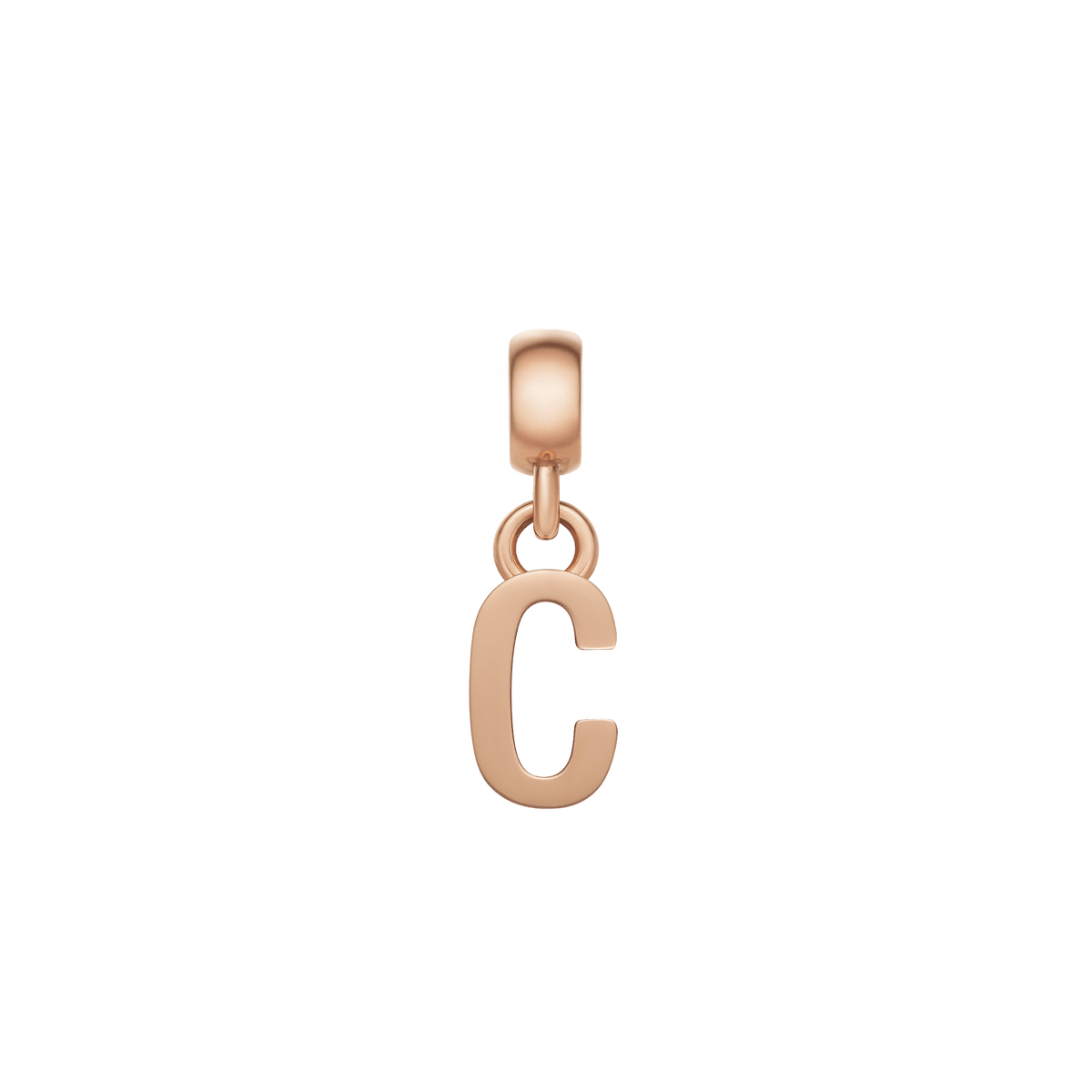 Rose gold letter C charm with a sleek, polished finish and minimalist style, designed in stainless steel with a secure anti-slip silicone lining for easy attachment to bracelets or necklaces.