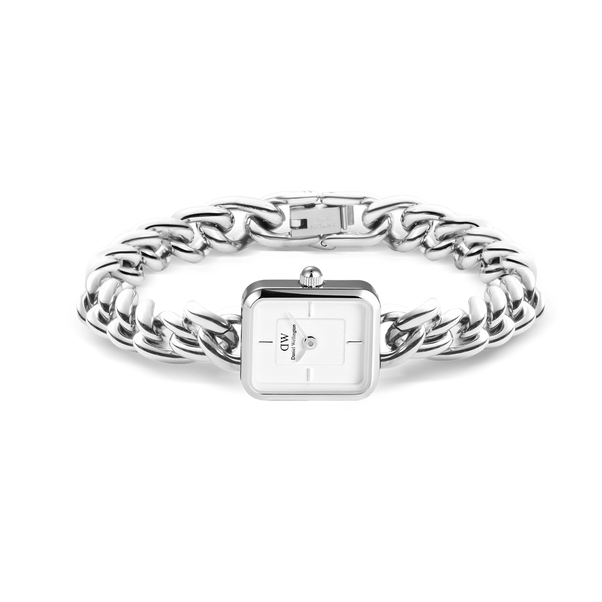 Jolie Chain Silver women’s watch featuring a white square dial and chunky polished stainless steel chain-link bracelet laid flat.