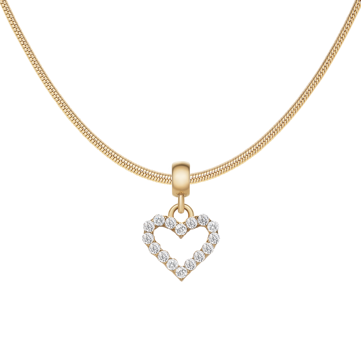 Gold snake chain necklace featuring an open heart-shaped charm, adorned with sparkling white crystals set in a delicate gold frame.