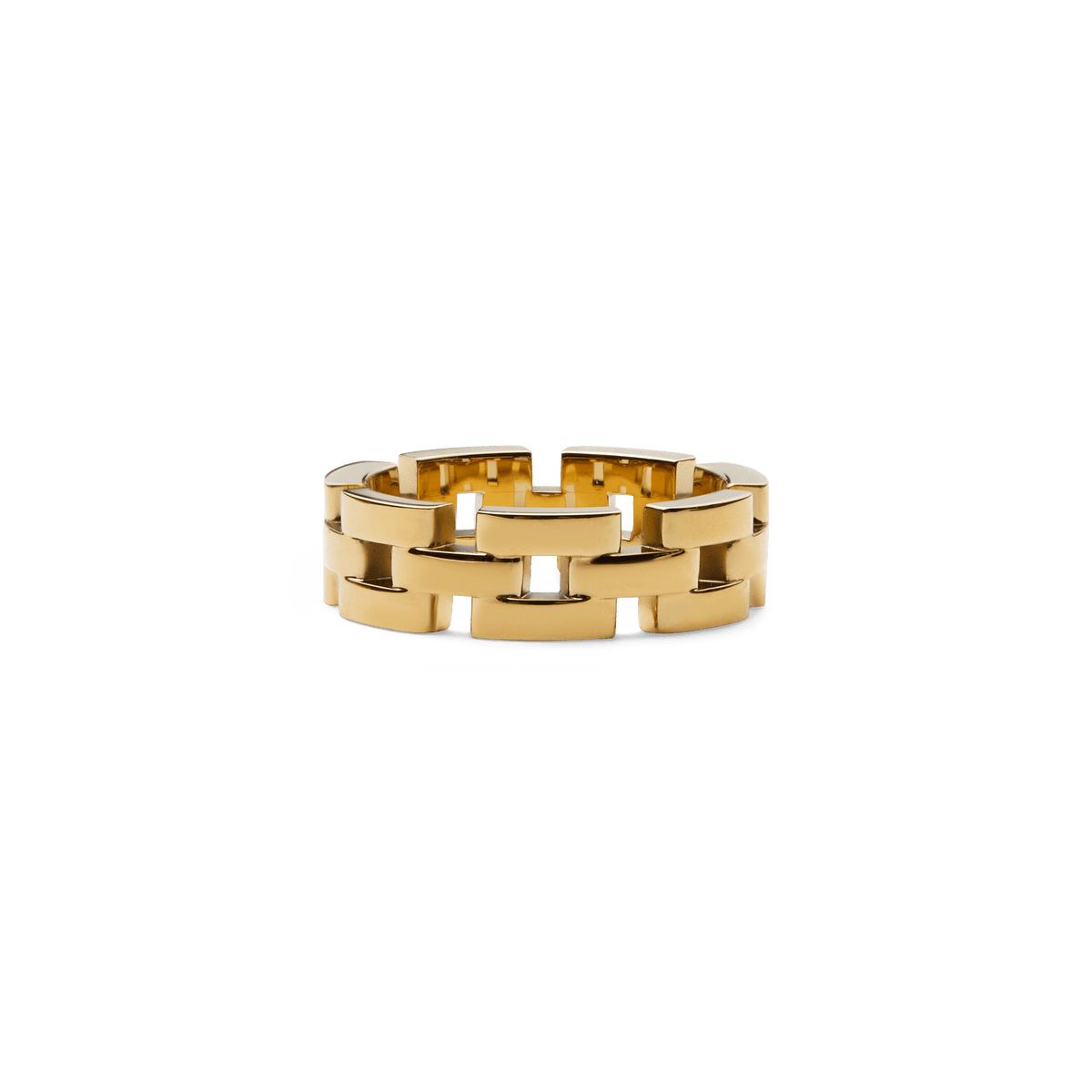3-Link Ring Gold featuring a polished gold finish and distinctive segmented link design, crafted from stainless steel with subtle gaps for a modern, elegant look.