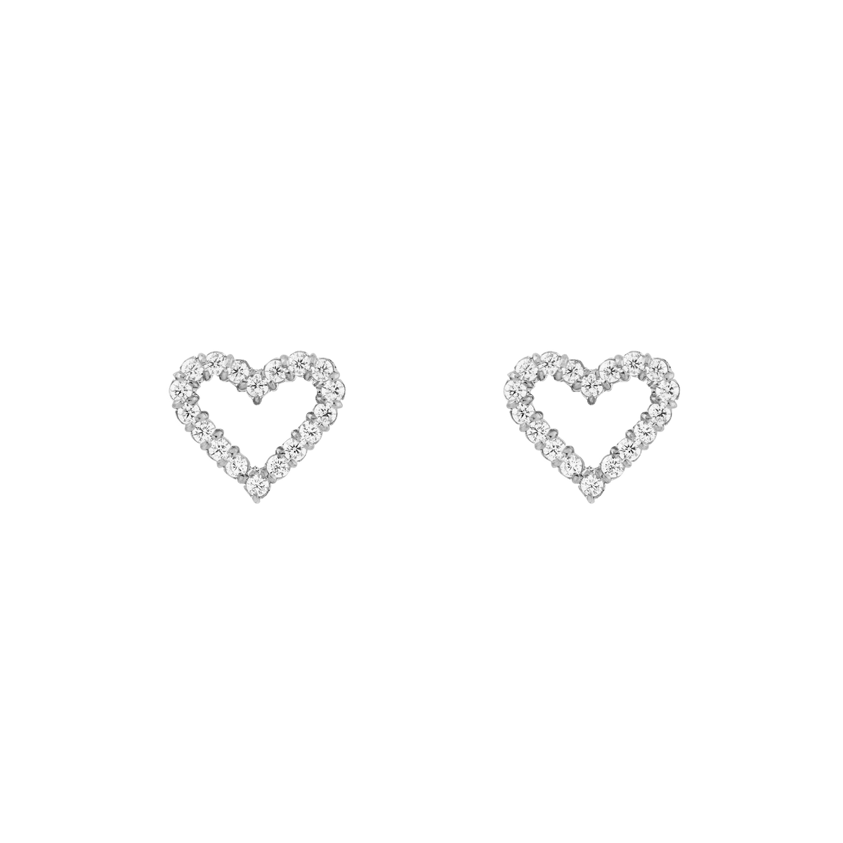 Pair of Mirelle Heart Earring Silver studs featuring open heart shapes crafted from polished stainless steel and set with sparkling white cubic zirconia crystals.