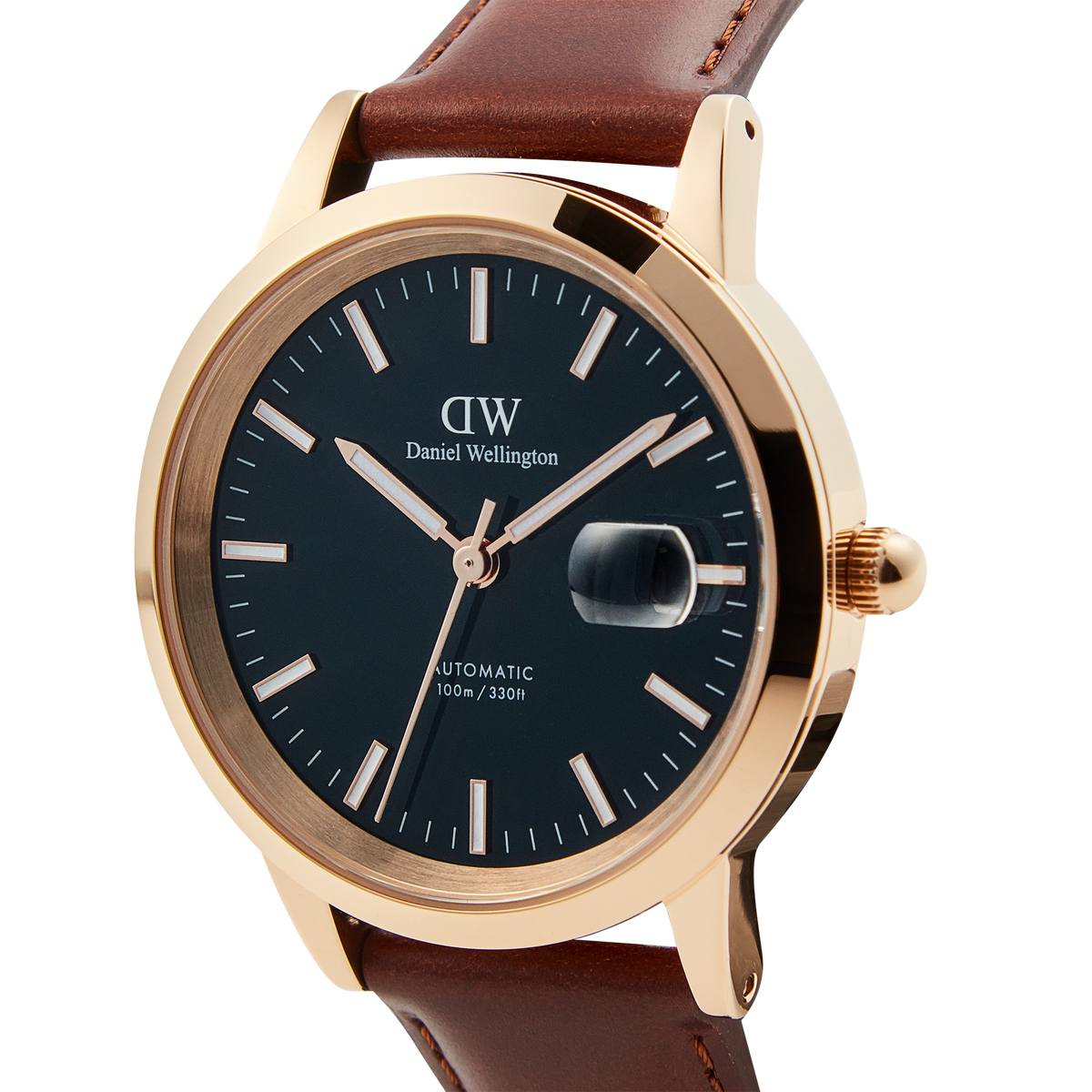 Close-up of the Daniel Wellington Iconic St Mawes Automatic Rose Gold watch featuring an arctic blue enamel dial, rose gold case, magnified date window, and brown Italian leather strap.