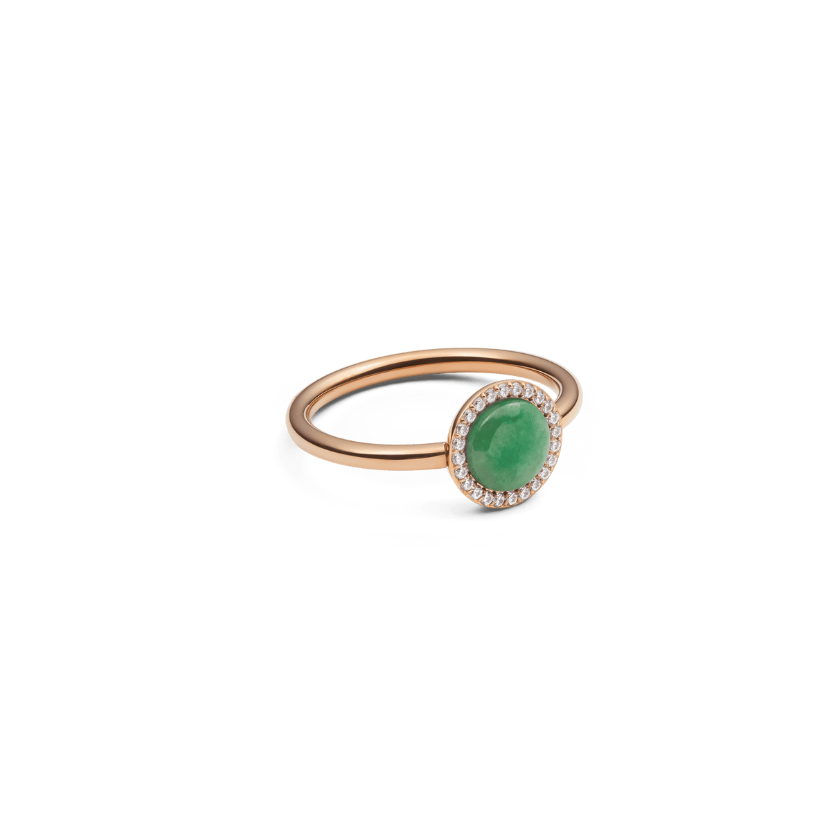 Audrey Ring Jade Rose Gold featuring a domed green jade centre and white cubic zirconia halo on a slim rose gold band.