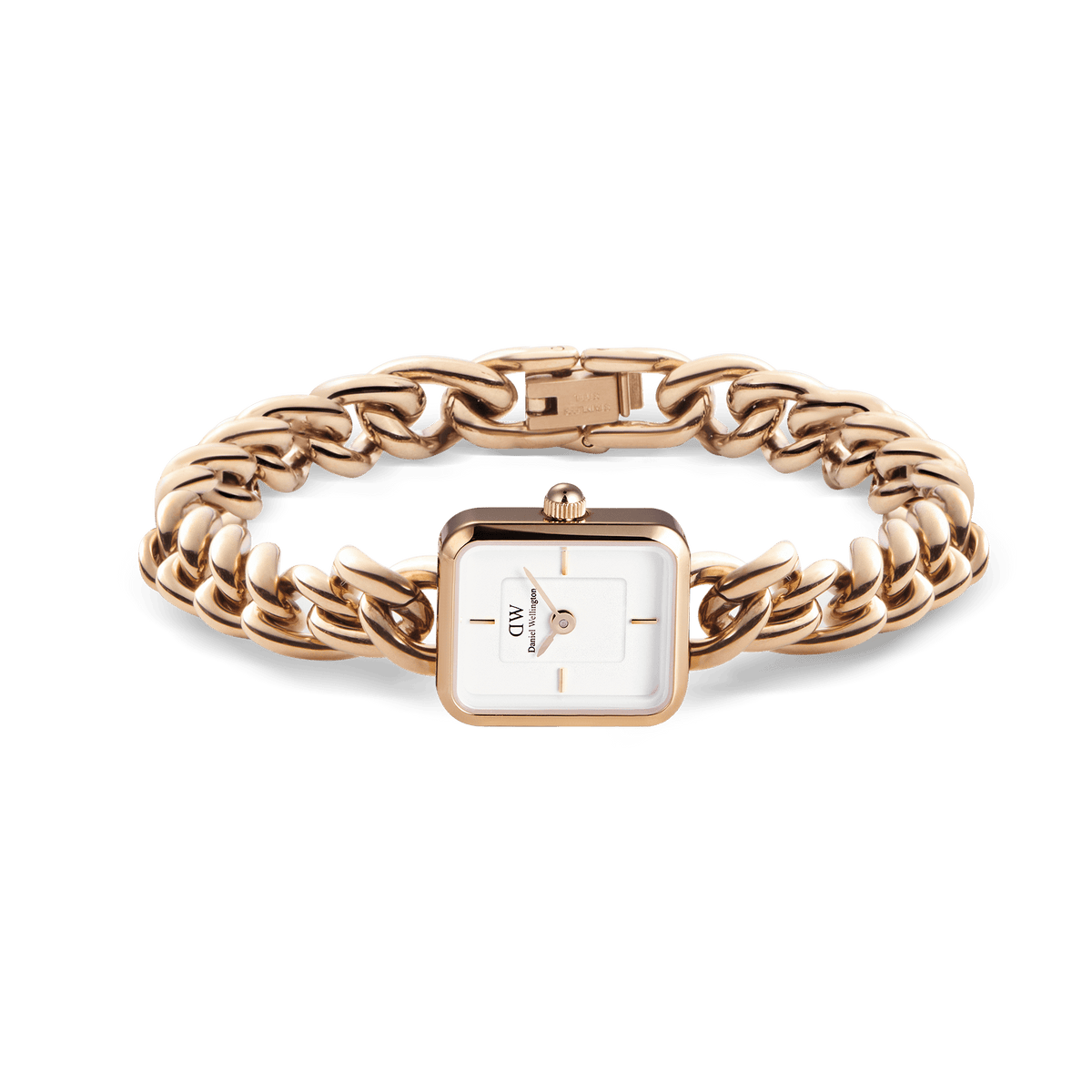 Jolie Chain Rose Gold women’s watch displayed with a square white dial and a chunky rose gold chain bracelet, highlighting its polished finish and bracelet-inspired design.