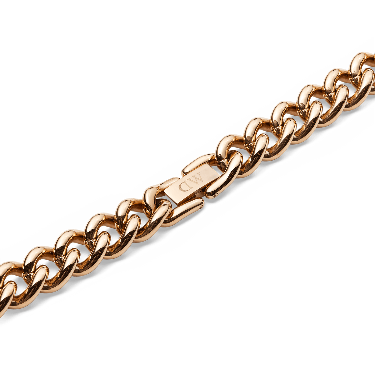 Detail of the Chunky Chain Necklace Rose Gold showing the polished curb links and engraved fold-over clasp with DW branding.