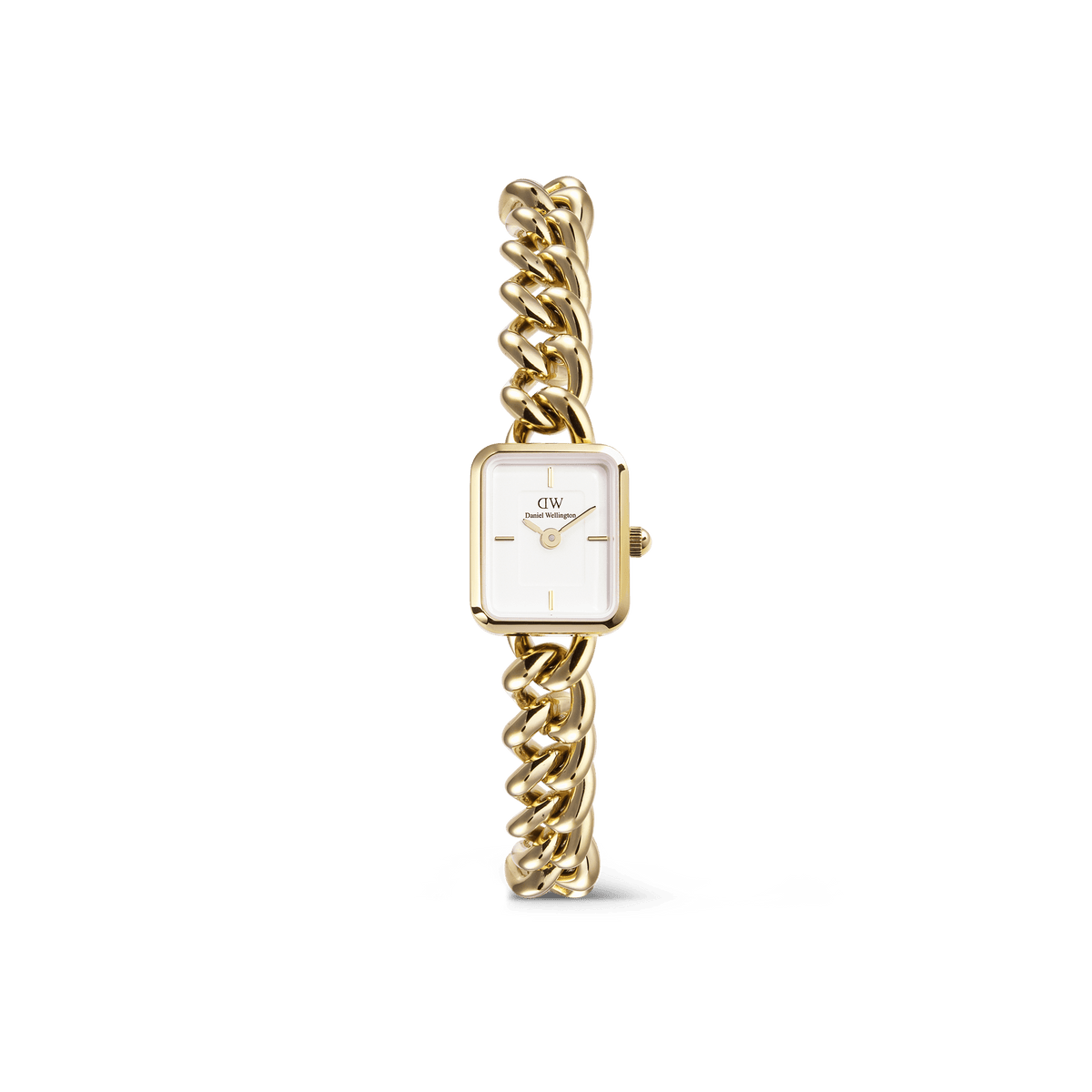 Gold women’s bracelet watch with chunky chain strap, square white dial, and minimalist gold hour markers.