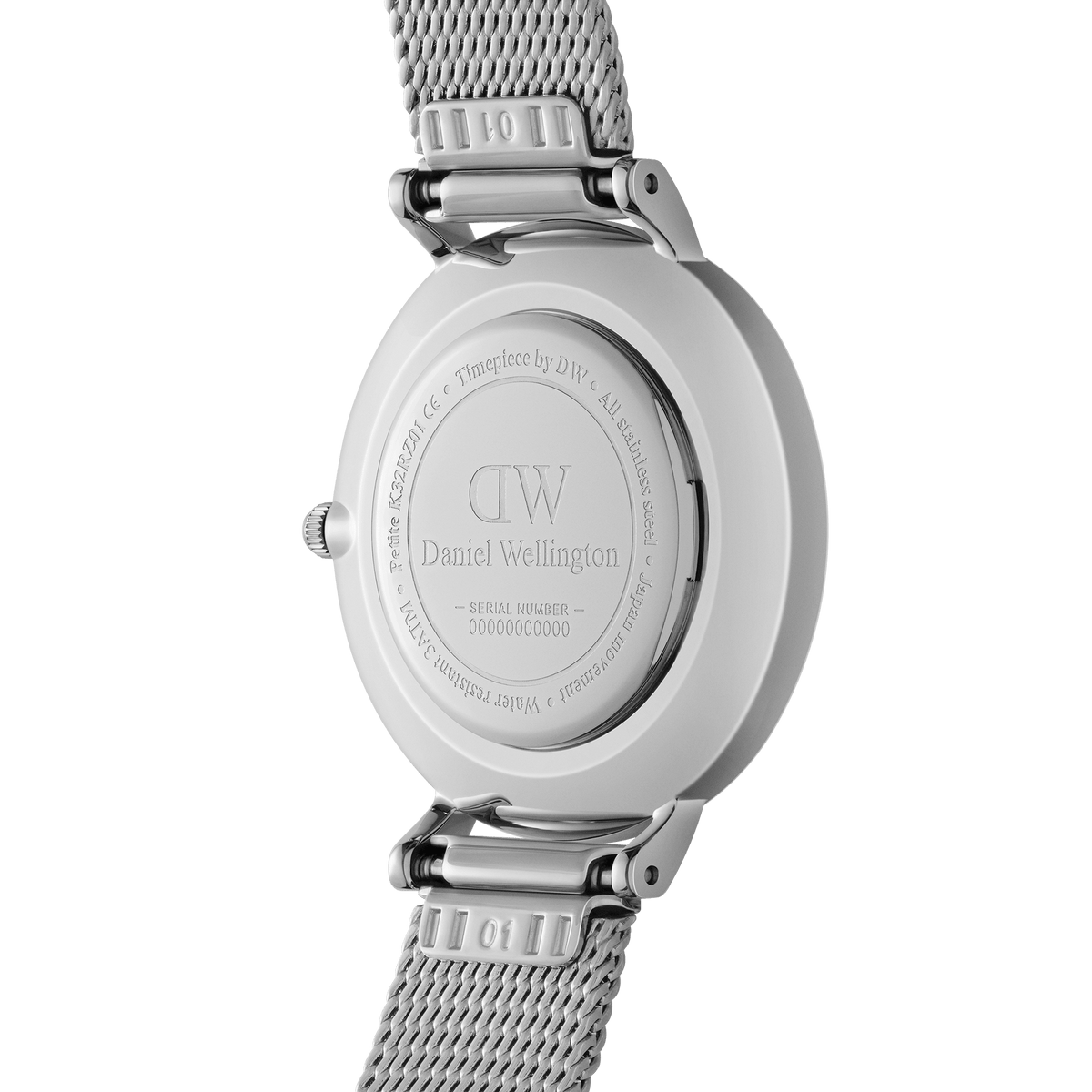 Back view of Petite Roman Numerals Sterling women’s watch, engraved case and silver mesh strap with adjustable clasp.