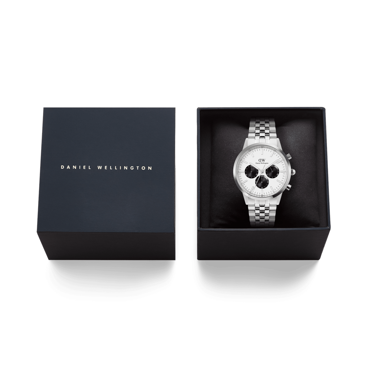 Daniel Wellington Iconic Chronograph Arch 5-Link Off-White Panda Silver watch presented in a sleek black gift box, showcasing its silver stainless steel bracelet and distinctive panda dial.