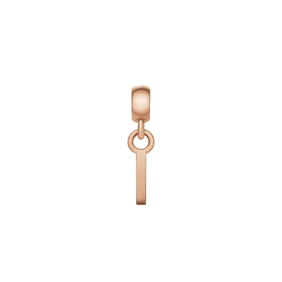 Rose gold letter I charm with a slim, minimalist silhouette and polished finish, crafted from stainless steel and designed with an anti-slip silicone lining for secure placement on bracelets or necklaces.
