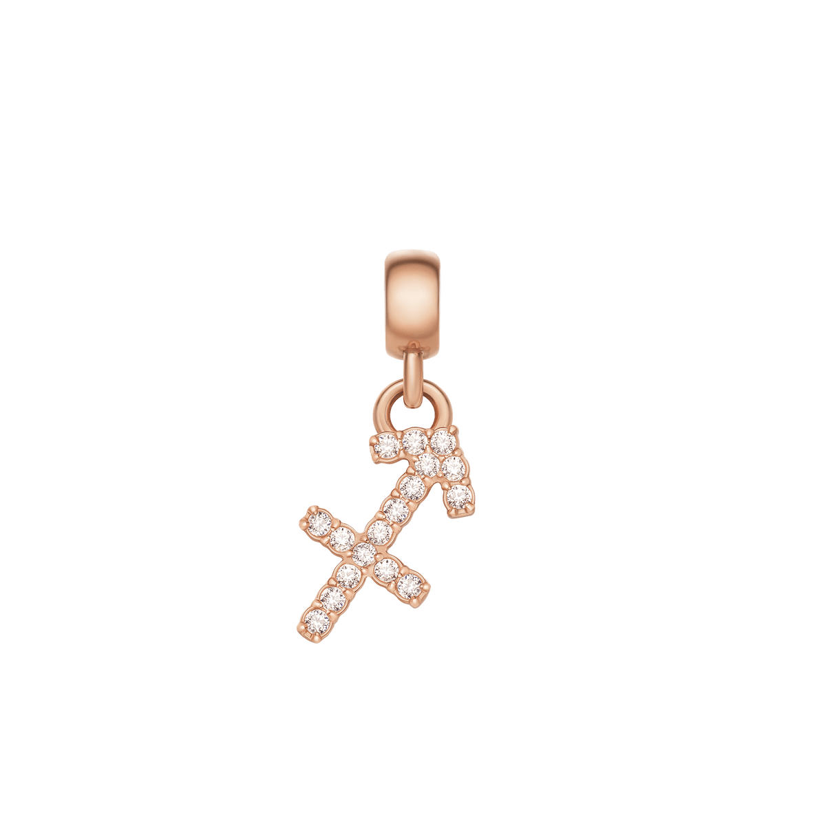 Rose gold Sagittarius zodiac charm crafted from stainless steel, featuring sparkling cubic zirconia crystals in a refined claw setting.