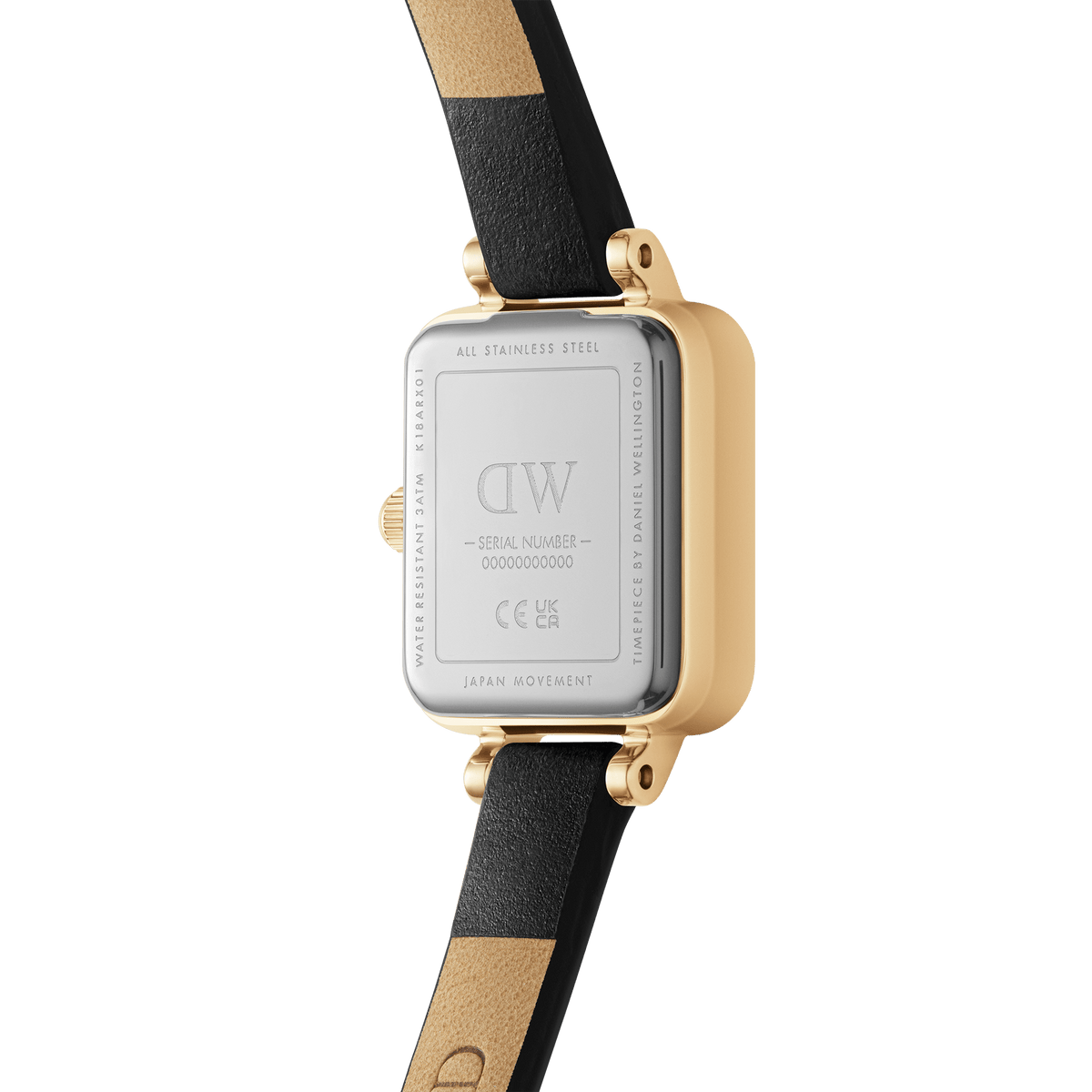 Back view of Quadro Mini Sheffield Gold women’s watch showing stainless steel case, gold trim, and black leather strap.