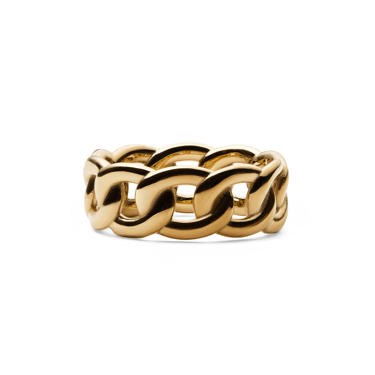 Chunky gold chain ring with rounded, polished links and a sculptural, fluid design, crafted in stainless steel with a high-shine PVD gold finish.