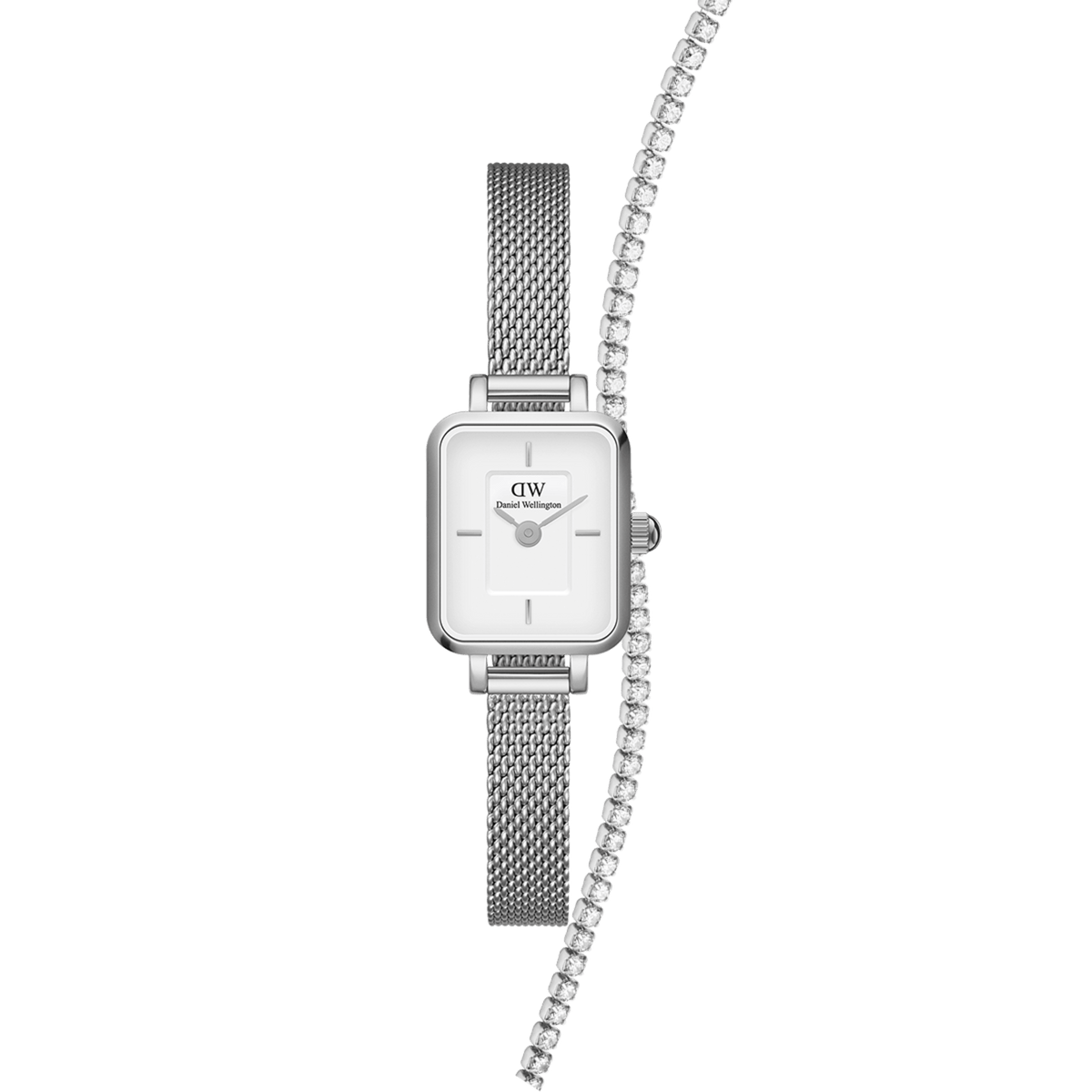 Silver Daniel Wellington Quadro Mini watch with a rectangular white dial and mesh strap, paired with a delicate tennis bracelet featuring a row of sparkling crystals.
