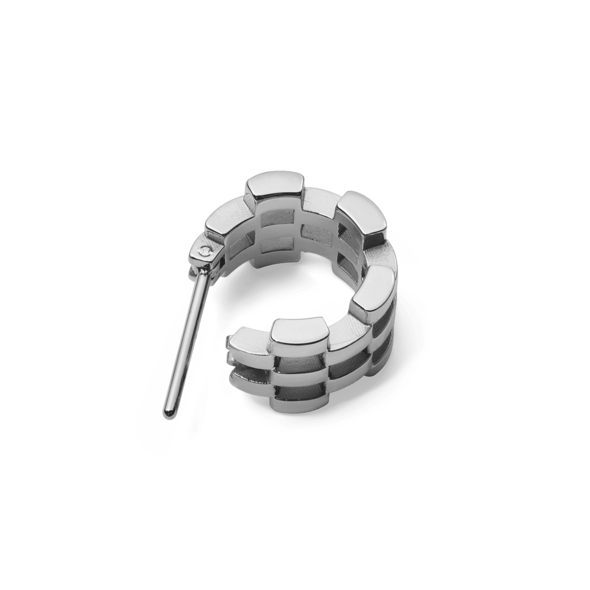 5-link silver earring in polished stainless steel, featuring a curved hoop shape with open spaces between each link for a modern, detailed finish.