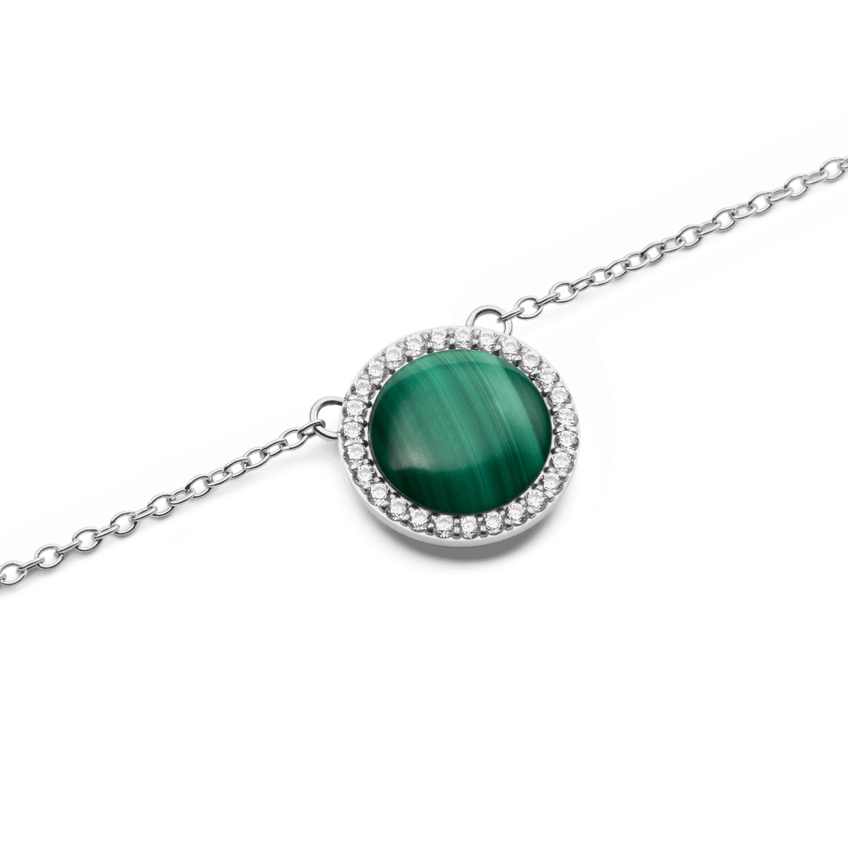 Close-up of Audrey Necklace Malachite Silver featuring a domed green malachite stone encircled by sparkling cubic zirconia.