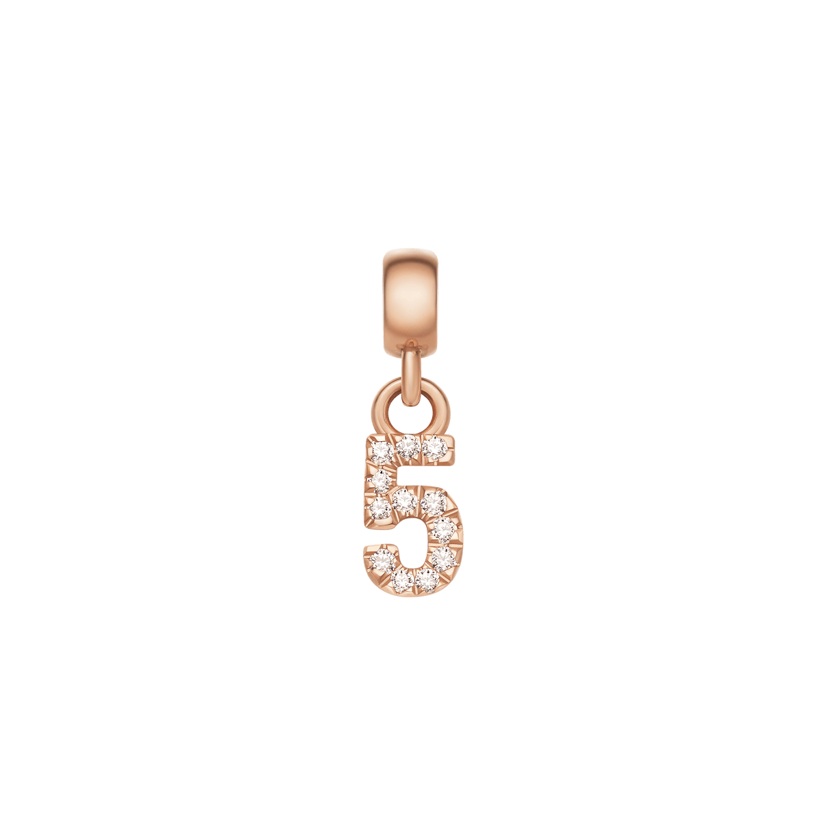 Rose gold number 5 charm embellished with cubic zirconia crystals, ideal for customising charm bracelets or necklaces.