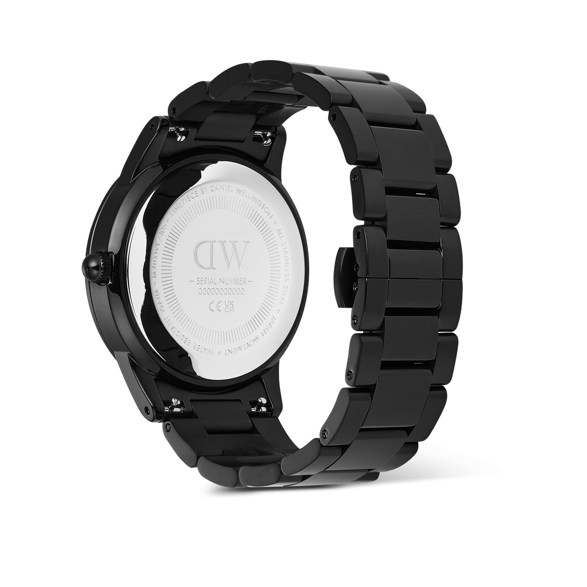 Rear view of the Daniel Wellington Iconic Paradigma Link Black watch, highlighting the engraved stainless steel case back and the polished black 3-link bracelet.