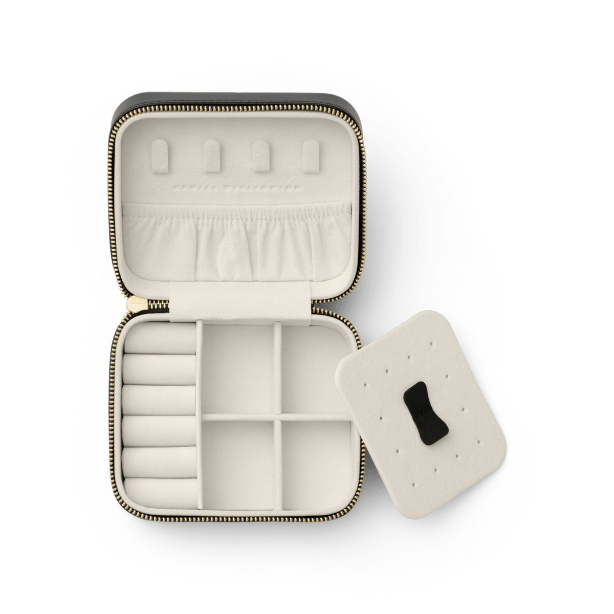 Open travel jewellery box with a soft light interior, multiple compartments for rings, earrings, and necklaces, plus a removable insert for custom storage.