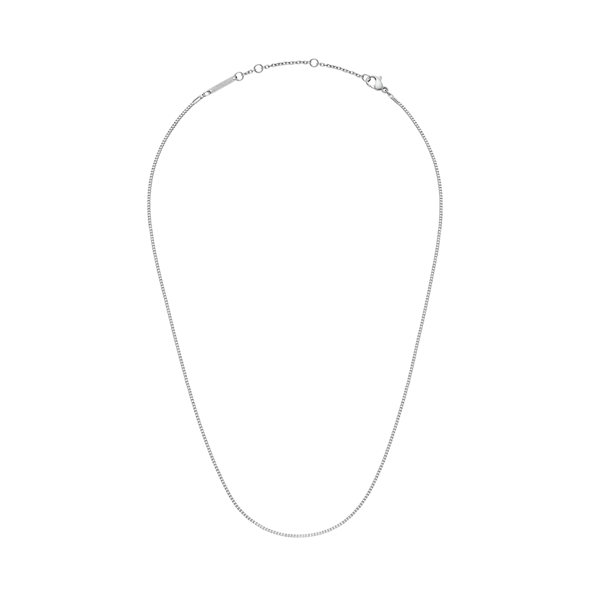 Delicate Box Chain Necklace S in polished silver stainless steel, featuring a minimalist box chain design with an adjustable clasp.