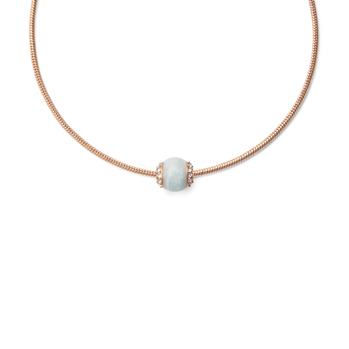Rose gold snake chain necklace featuring an amazonite crystal orb charm with a soft blue-green stone and sparkling white crystal accents, offering a refined and modern jewellery statement.