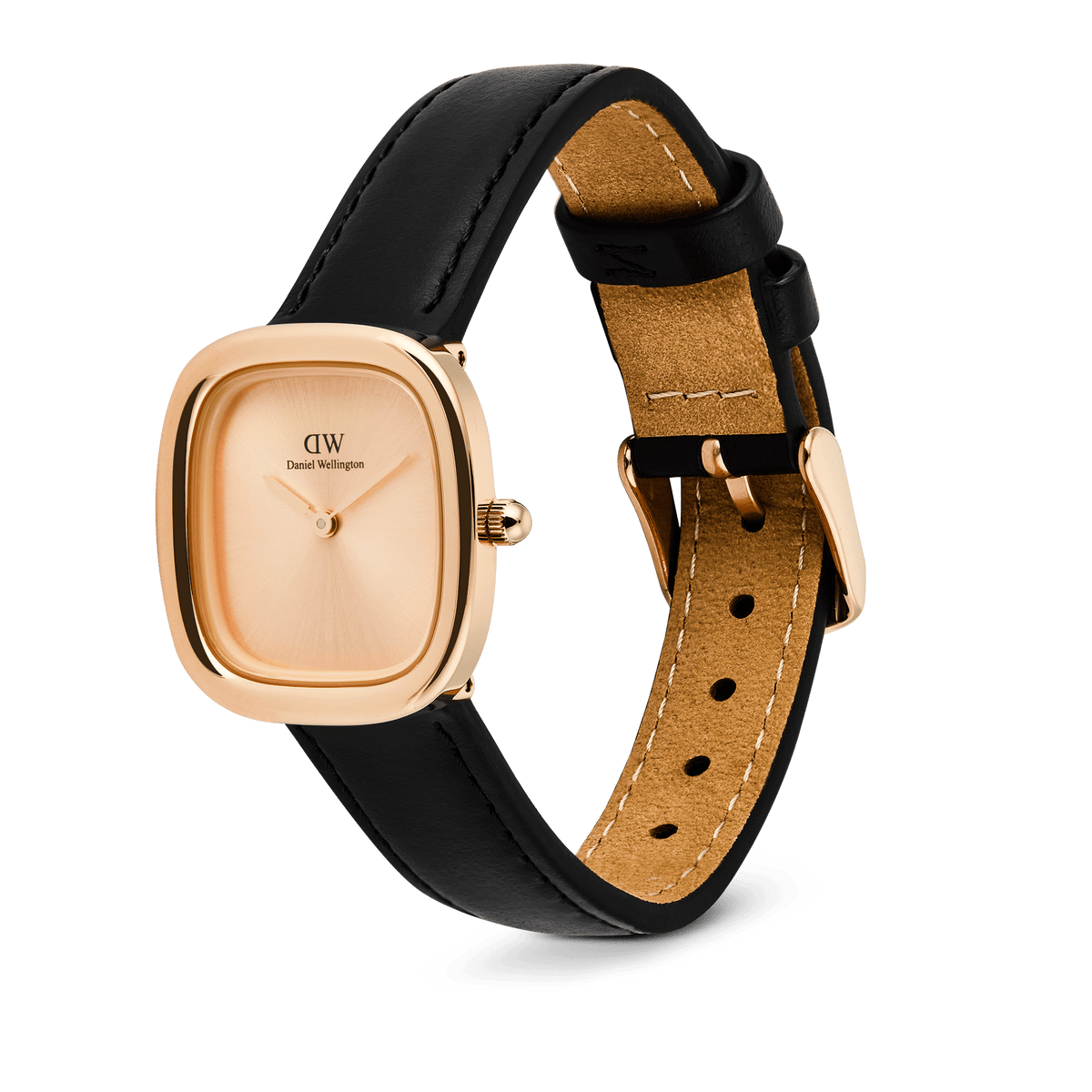 Margot Sheffield Unitone Sunray Rose Gold watch featuring a square rose gold case, minimalist sunray dial, and an adjustable slim black leather strap with a pin buckle closure.