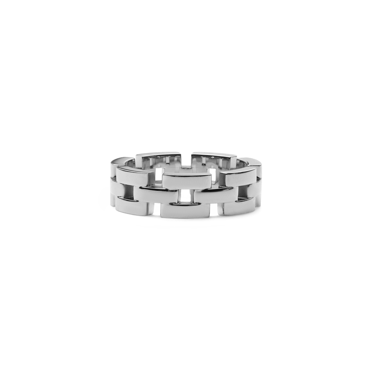 3-Link Ring Silver featuring three bold, rectangular links with a polished stainless steel finish and a contemporary geometric design.