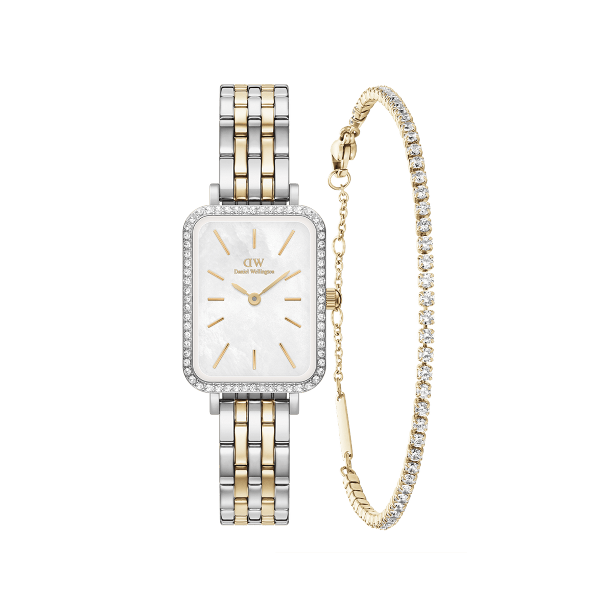 Rectangular Daniel Wellington watch with a mother of pearl dial, crystal-set bezel, and two-tone gold and silver link strap, paired with a delicate gold tennis bracelet adorned with clear crystals.