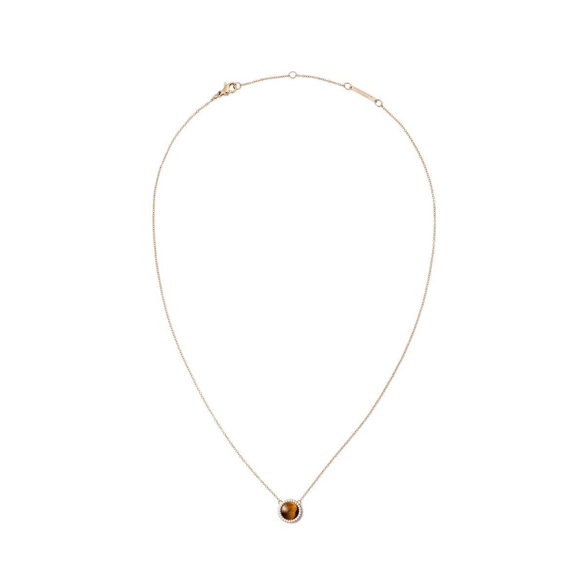 Rose gold necklace with domed Tiger Eye pendant, encircled by white crystals on a fine adjustable chain.