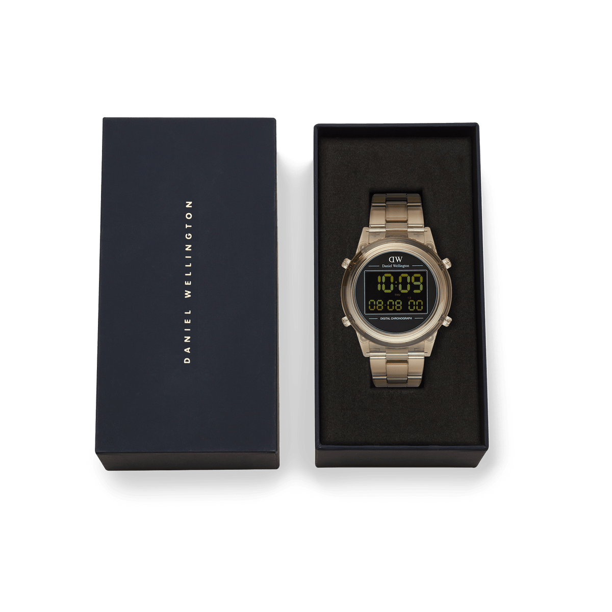Daniel Wellington Retro Digital Dark Brown watch with a transparent brown strap, presented in an elegant branded gift box.