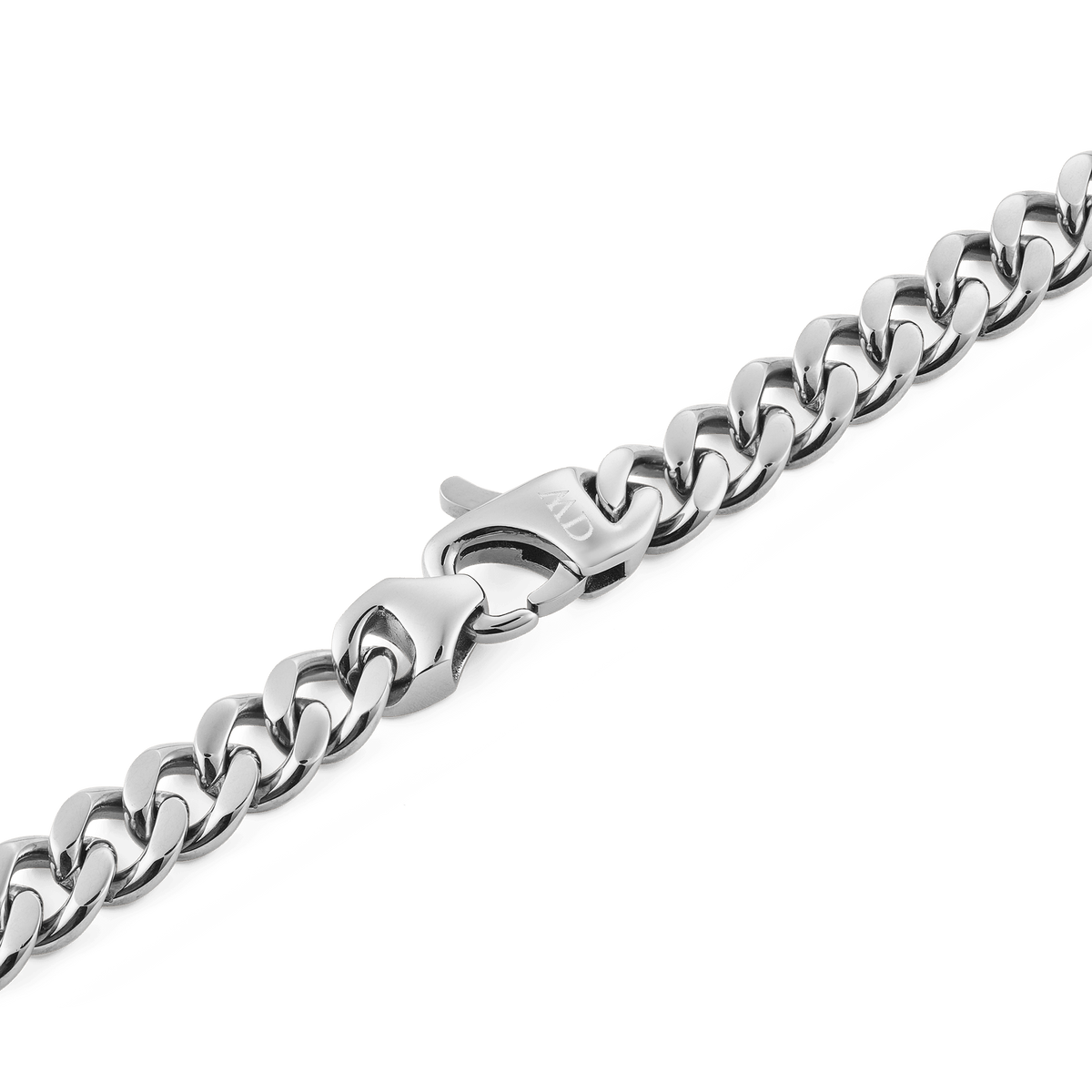 Detail of the Ellipse Cuban Chain Necklace Silver, showing the polished stainless steel Cuban links and the seamless transition to the matching lobster clasp.