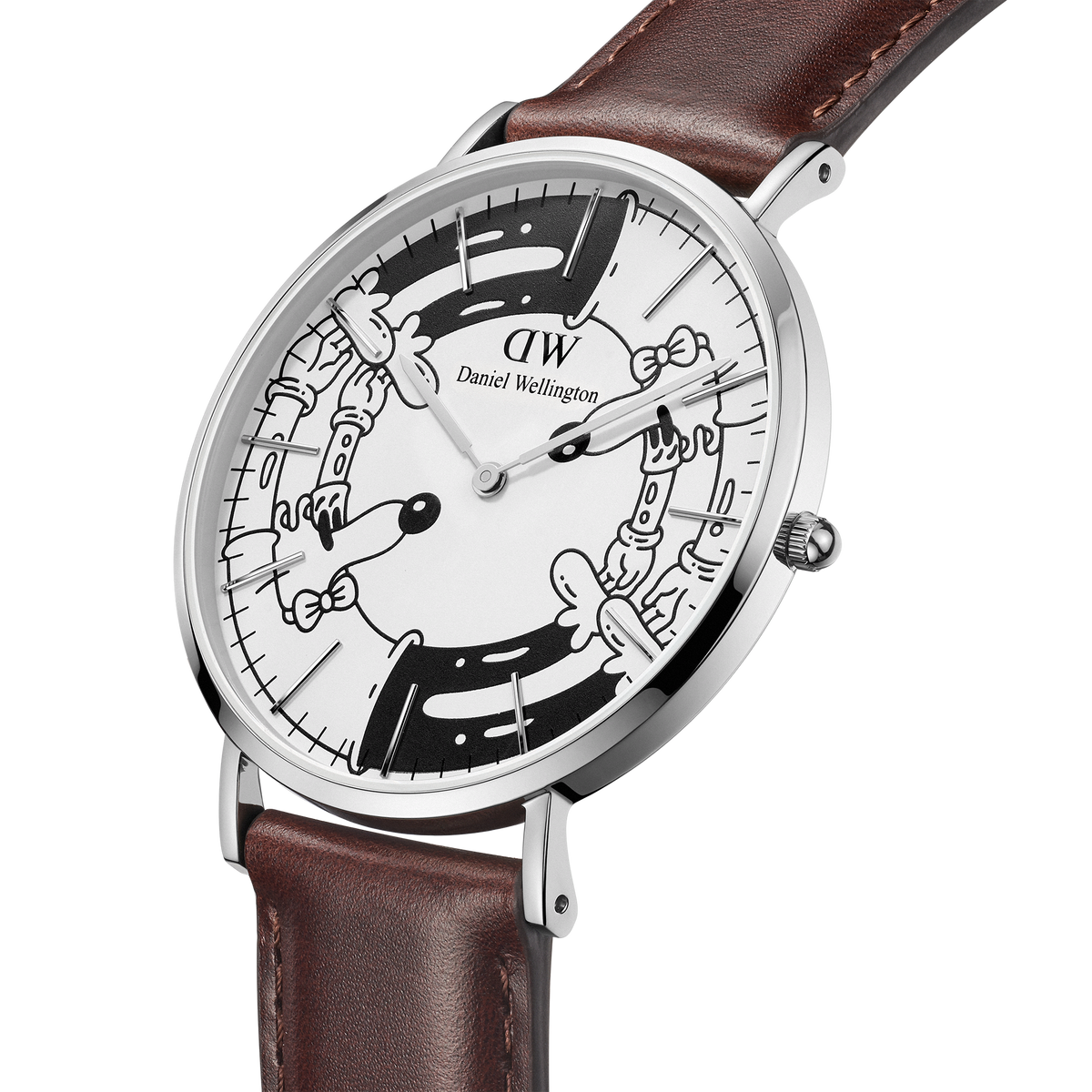 Steven Harrington x DW Bristol BW dial watch featuring a polished silver case, brown leather strap, and a distinctive black and white illustrated dial inspired by psychedelic-pop art.