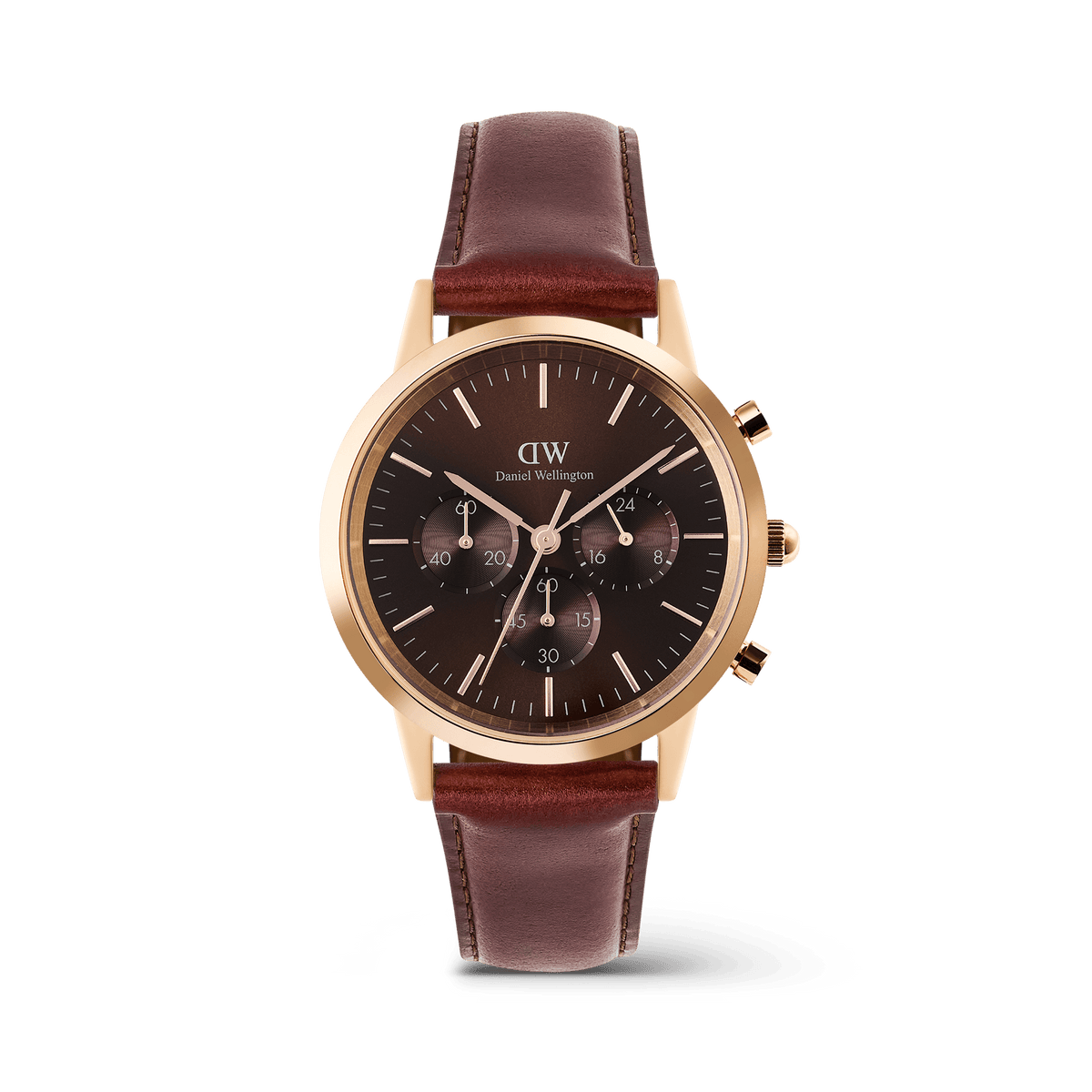 Men’s chronograph watch with a rose gold case, amber sunray dial featuring three sub-dials, and a brown Napa leather strap, showcasing a refined and timeless design.