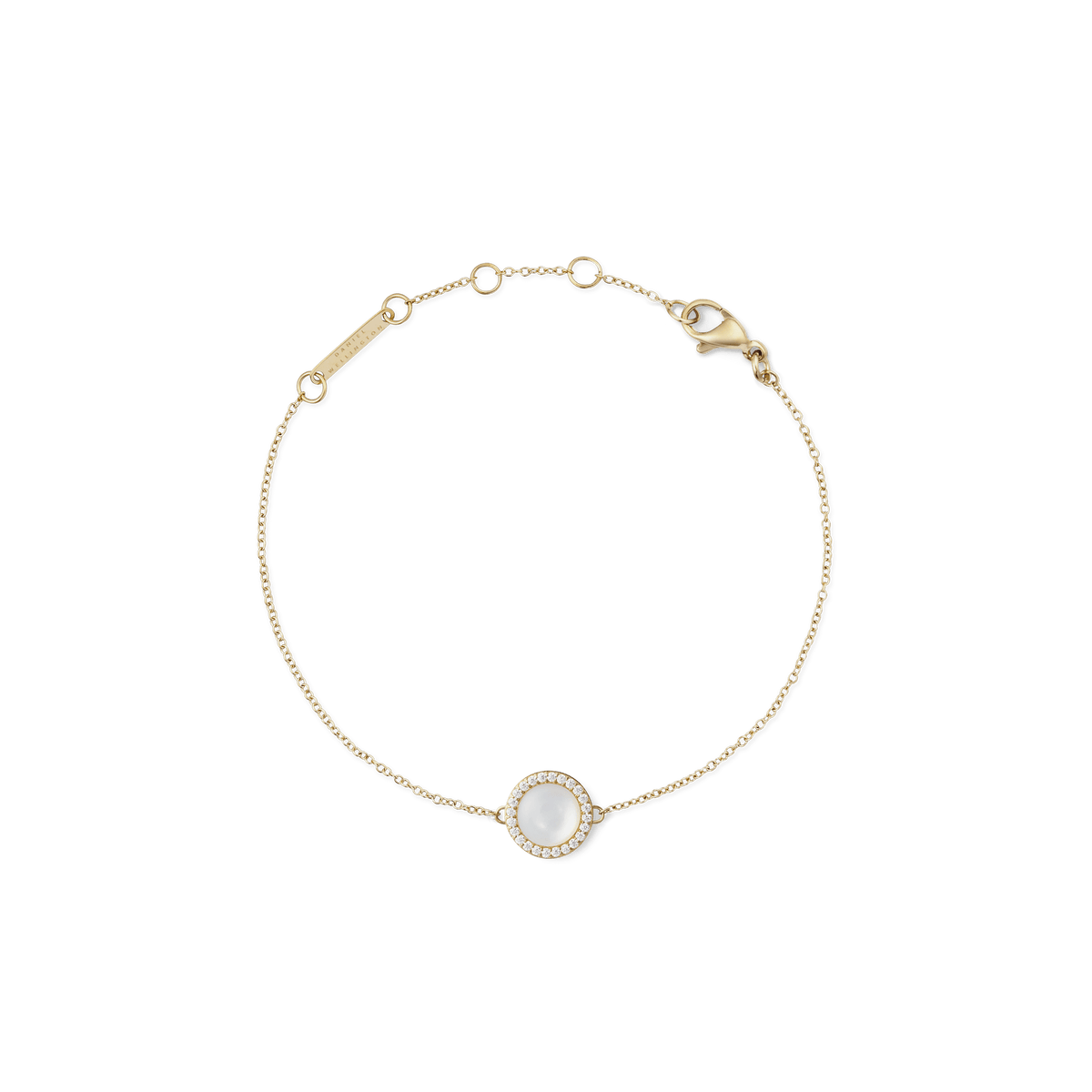 Gold Audrey Bracelet with mother of pearl centre, cubic zirconia accents, and adjustable fine chain by Daniel Wellington.