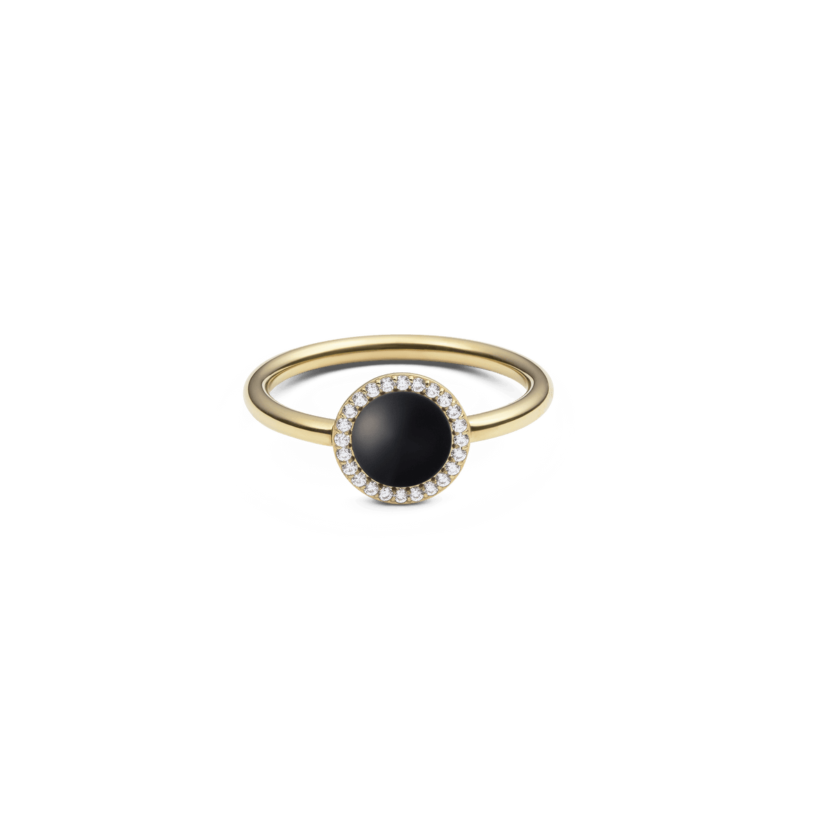 Gold ring with round black agate centre, haloed by white cubic zirconia, elegant slim band, timeless jewellery style.