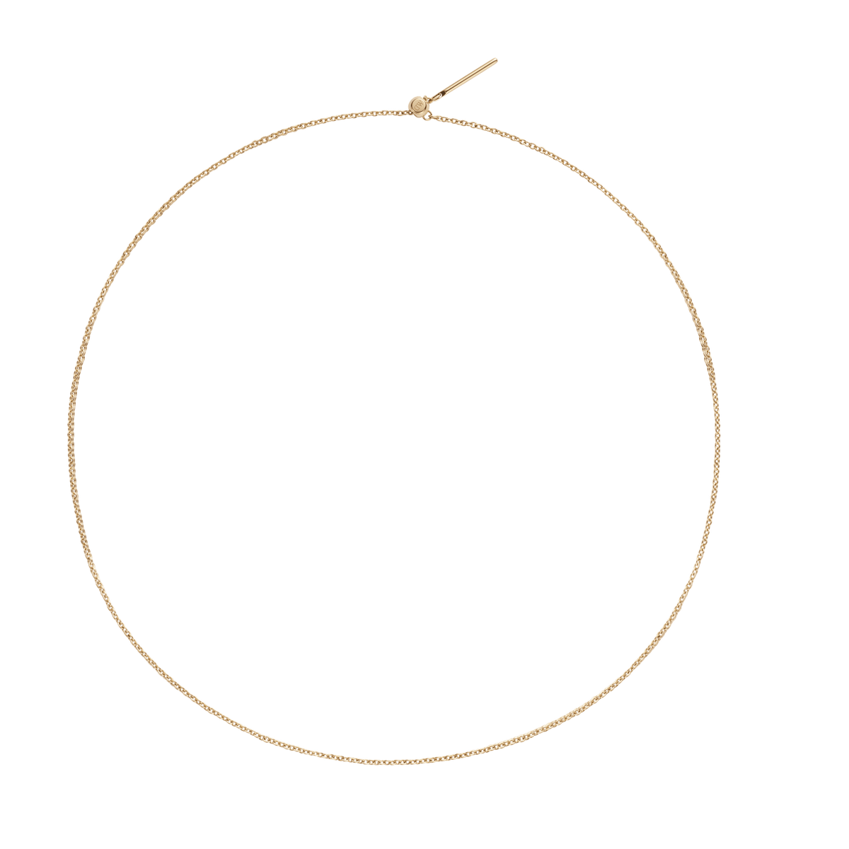 Charms Chain Necklace G in gold PVD-plated stainless steel, displayed in a circular shape with a classic oval link chain and adjustable sliding clasp for a close fit.