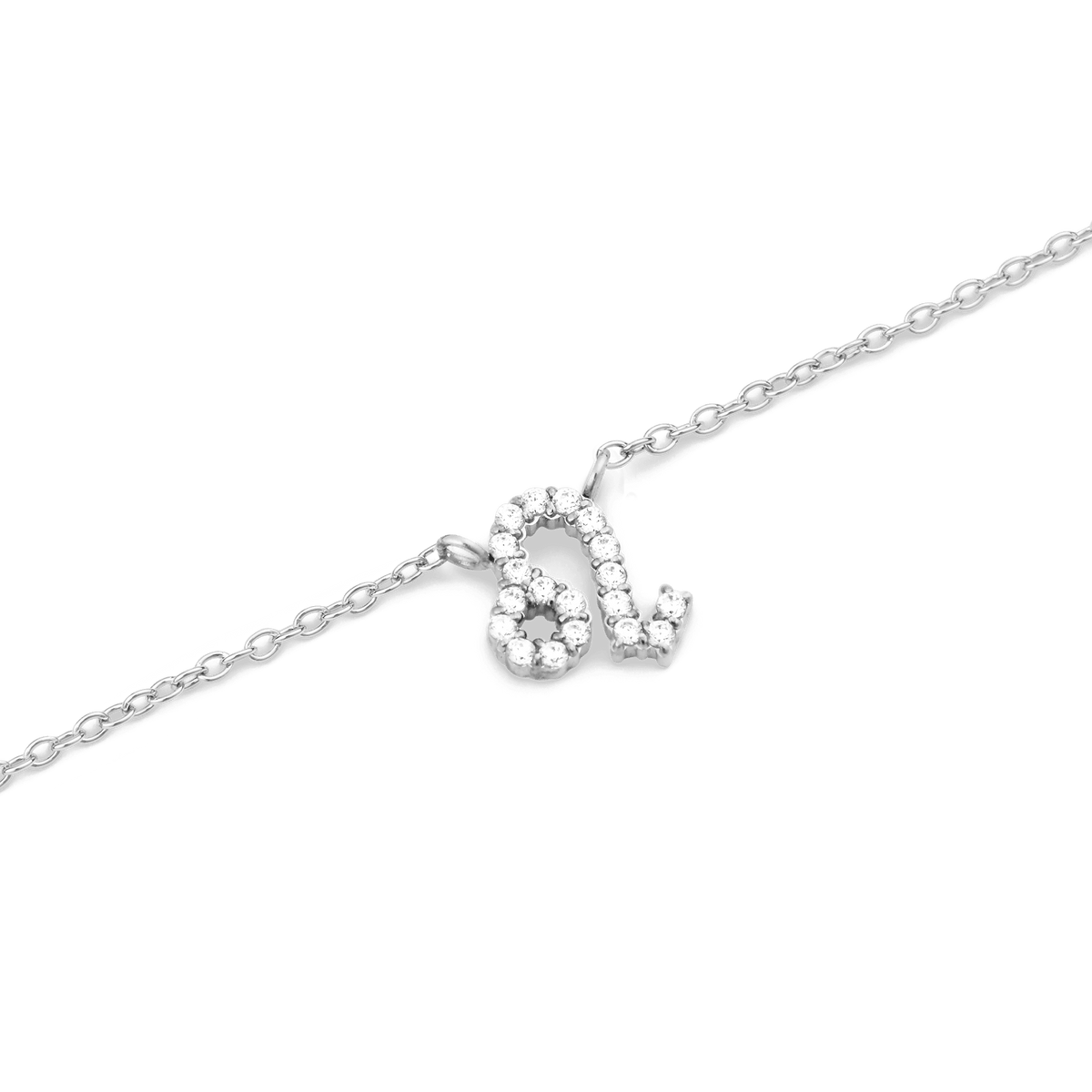 Crystal Zodiac Chain Necklace Silver featuring a Leo zodiac pendant adorned with sparkling hand-set crystals on a fine silver chain.