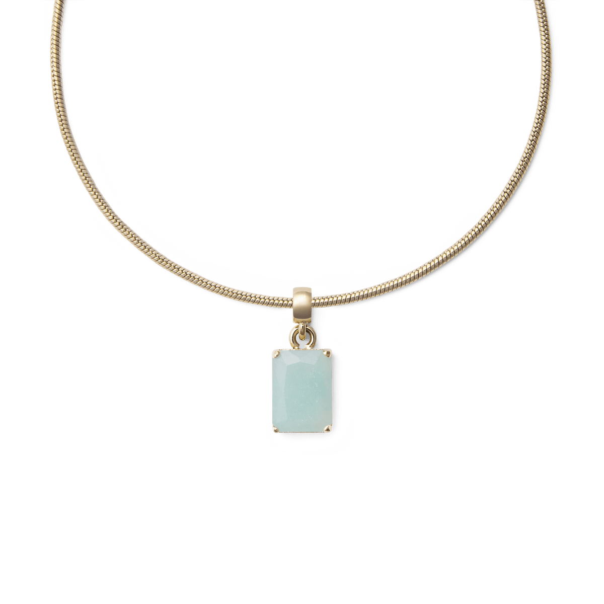 Gold necklace featuring an octagon-cut amazonite charm with a soft blue-green hue, set in a polished gold-tone frame for a refined, minimal look.