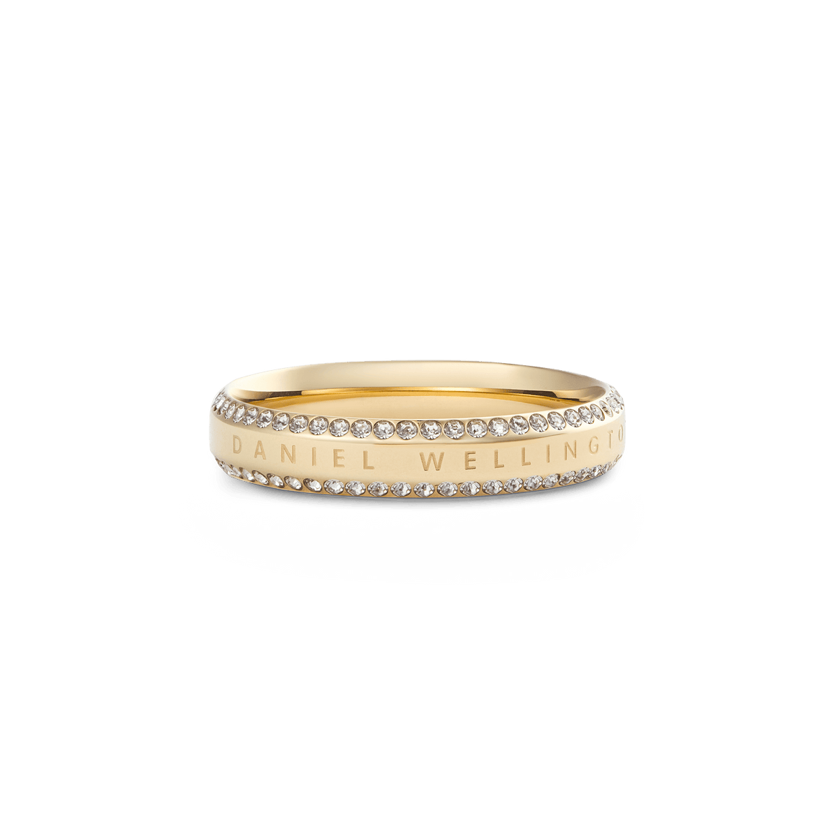 Classic Aura Duo Ring Gold featuring a polished gold band with two rows of white cubic zirconia crystals along the chamfered edge and subtle Daniel Wellington branding, offering a refined and sparkling finish.