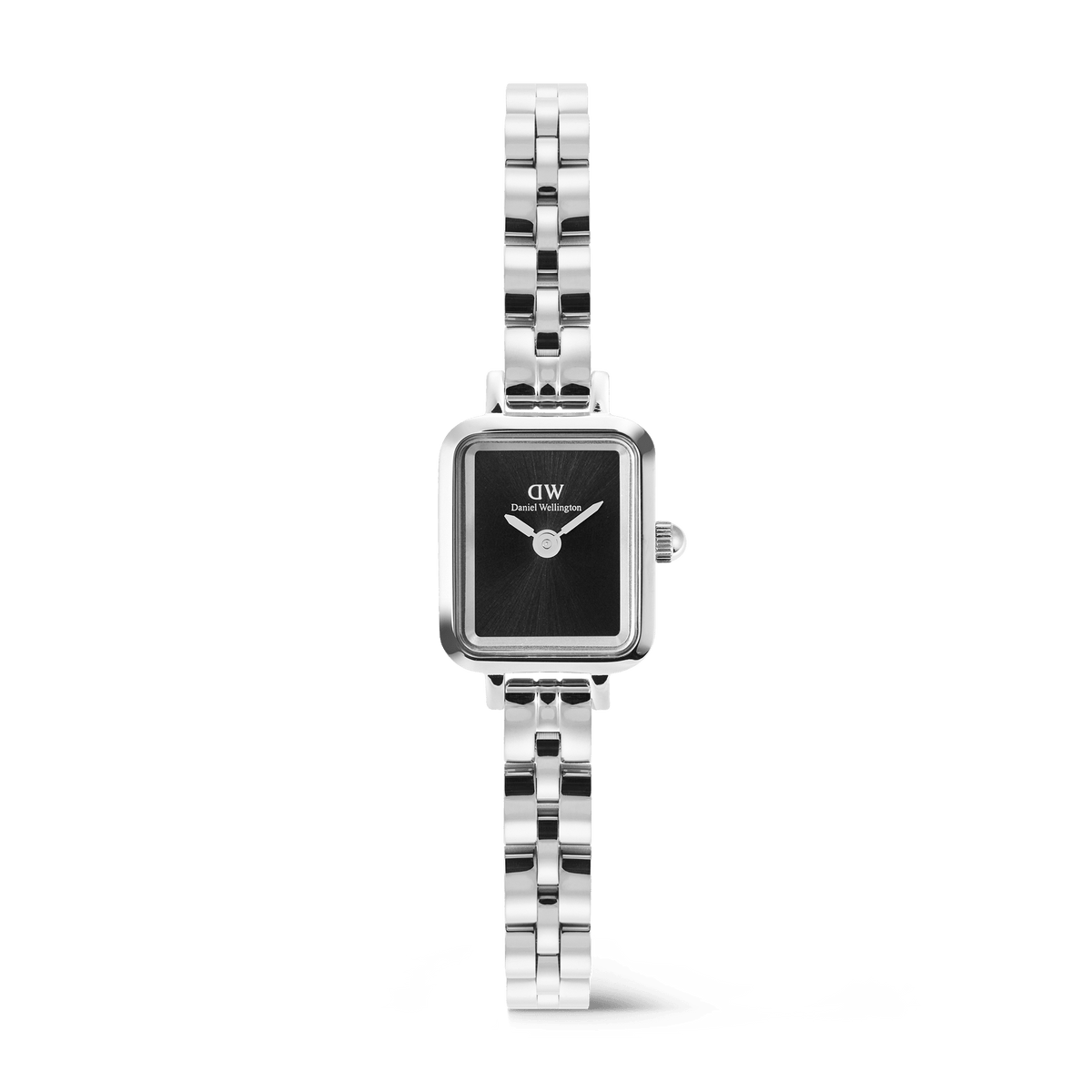 Quadro Mini Arch 3-link Onyx Sunray Silver women’s watch featuring a petite rectangular stainless steel case, minimalist black sunray dial, and a polished three-link silver bracelet.