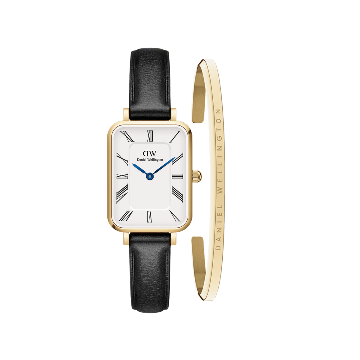 Rectangular gold Daniel Wellington watch with a white Roman numeral dial, blue hands, and black leather strap, paired with a slim gold bracelet engraved with the brand’s signature.