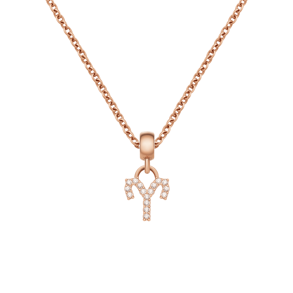 Rose gold Aries zodiac charm necklace featuring a crystal-encrusted pendant on a delicate chain.